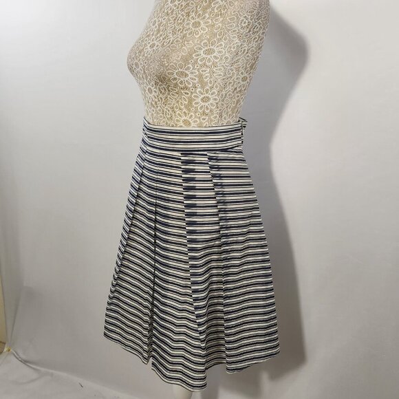 J Crew Women Size 12 Blue Stripe Pleated Zip Back Cotton Blend Lined Midi Skirt - Picture 6 of 12